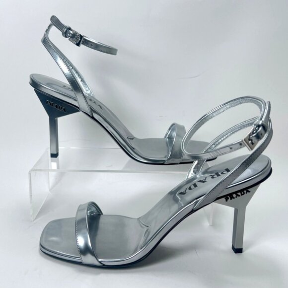 Prada Argento Donna Womens Sandals Metallic Leather Strappy Heels Size 38 US8 - Picture 15 of 16